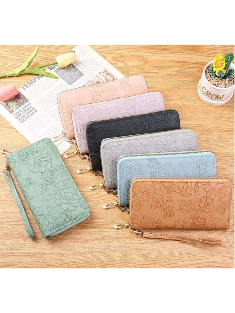 PU Leather Blue Floral Embossed Wallet With Wristlet Strap Zipper Closure Multip
